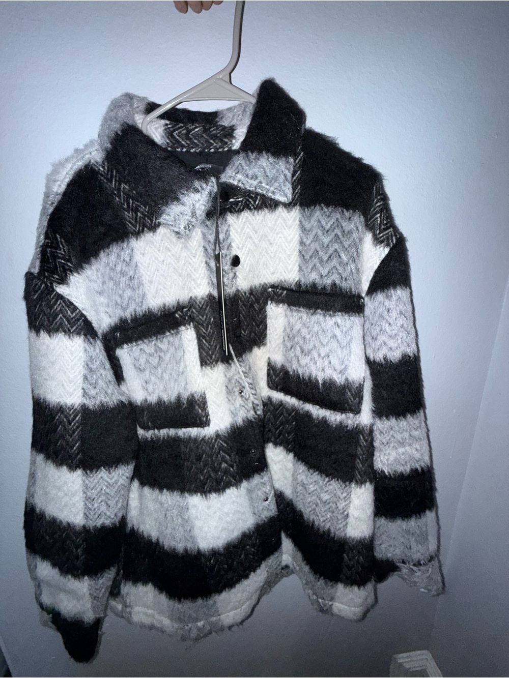 Fashion Nova Black and White Striped button up Fuzzy Shacket